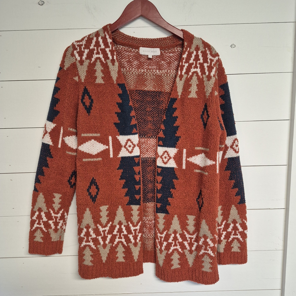 ALLY MAE Cardigan Sweater Womens Med Orange Aztec Soft Acrylic Open Front